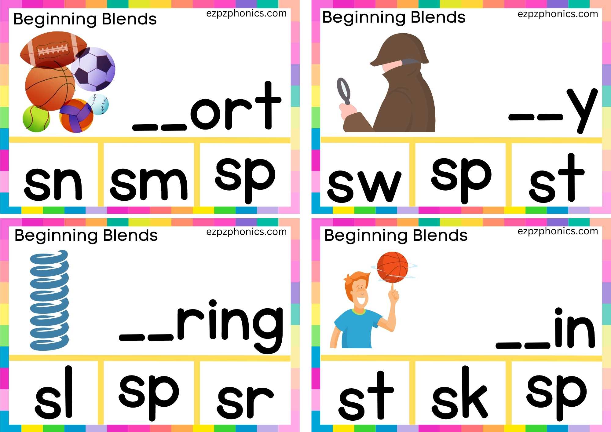 SP Beginning Blends Clip Cards Finish The Words And Clip The Correct Letters Set 2